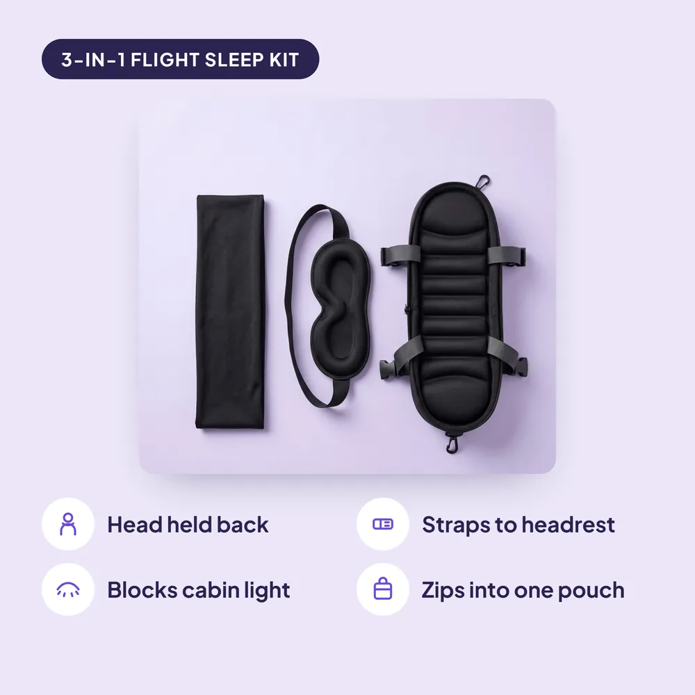 The 3 pieces: body sling, blackout eye mask and headrest pillow