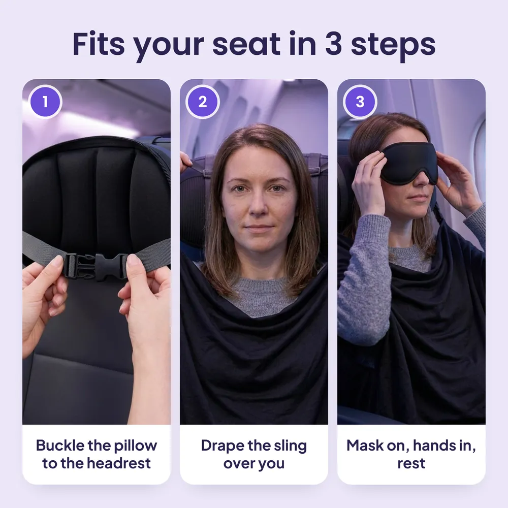 Fits your seat in 3 steps: buckle the pillow, drape the sling, mask on