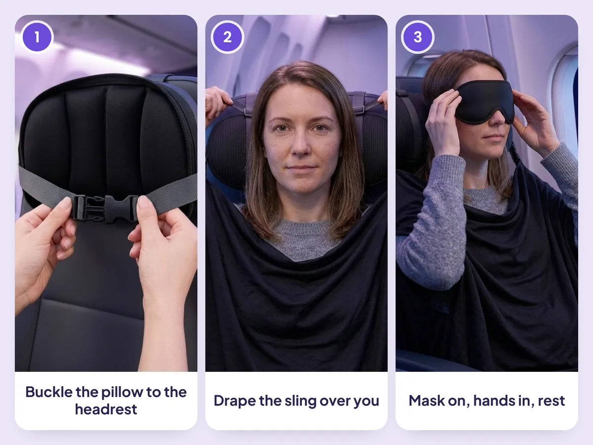 Buckle the pillow to the headrest, drape the sling over you, put on the mask